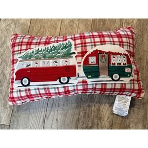 Christmas Polar Bear Camper Tartan Plaid Lumbar Pillow 14 x 24 Holiday Cottage